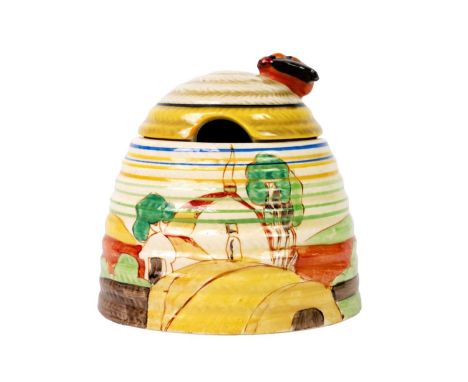 An unusual Clarice Cliff Orange Cottage Roof pattern beehive honeypot. Also with banded decoration, Bizarre Wilkinson Ltd mar