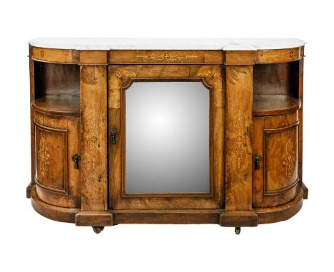 A Victorian walnut inlaid marble top credenza.  The central mirrored door flanked by two bow front sections comprising of a s