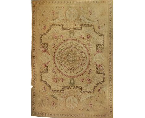 A French Aubusson carpet.  With a large polychrome central medallion with flowers and leaves, 366 x 270cm.Bought by the curre