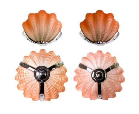Two Art Deco chrome and rose glass light pendant Diameter 34cm together with a pair of matching wall appliques.Generally good