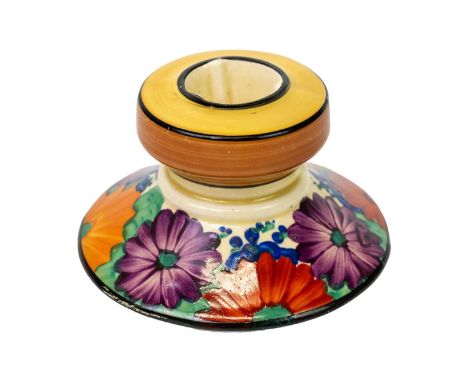 A Clarice Cliff Gayday pattern 331 shape candlestick. Bizzare Newport Pottery mark, height 5.5cm.