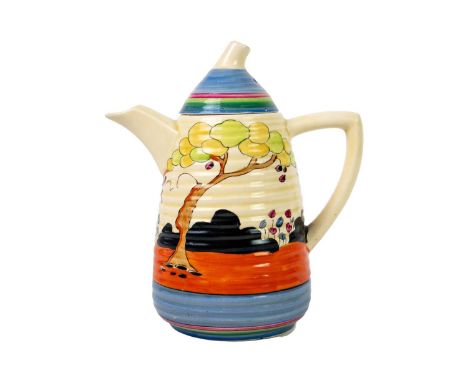 A Clarice Cliff Tulips pattern Lynton shape coffee pot and cover. Wilkinson Ltd marks, height 19cm.Chips to the cover.