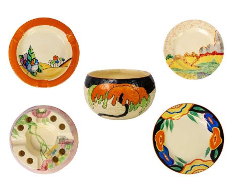 A Clarice Cliff Woodland pattern ashtray. Bizarre marks, diameter 12cm together with a Woodland orange shape preserve pot, a 
