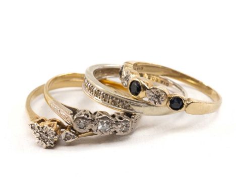 FOUR 9CT GOLD RINGS, comprising 2 x diamond illusion set rings, diamond chip anf sapphire ring, diamond chip half eternity ri