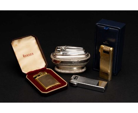 FOUR VARIOUS LIGHTERS, including two Corona gold plated gas lighters, one boxed, Ronson gold plated petrol lighter in box, Ro