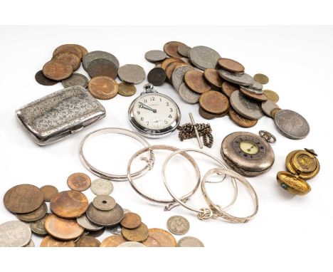 ASSORTED SILVER & COINS comprising silver engraved cigarette case, silver half hunter pocket watch stamped 'Omega', silver ba