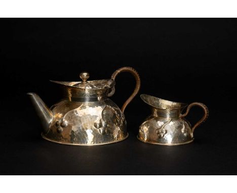 ARTS &amp; CRAFTS ELECTROPLATED TEAPOT &amp; MILK JUG, c. 1903, Coles &amp; Fryer Ltd., pattern no. 1544, embossed with berri