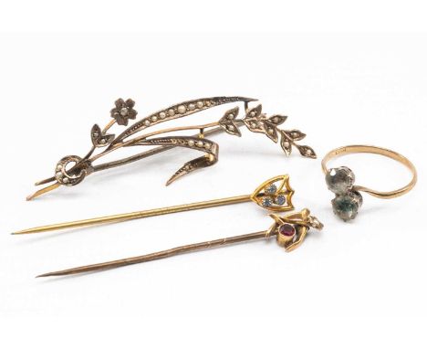 ASSORTED JEWELLERY comprising 9ct gold two stone twist shank ring stamped 'Ciro', 9ct gold seed pearl foliate brooch, 9ct gol