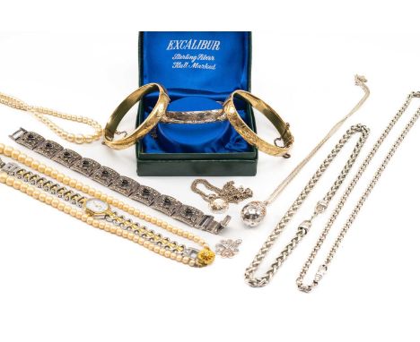 ASSORTED JEWELLERY comprising two rolled gold bangles, boxed Excalibur sterling silver bangle, simulated pearls, marcasite pa