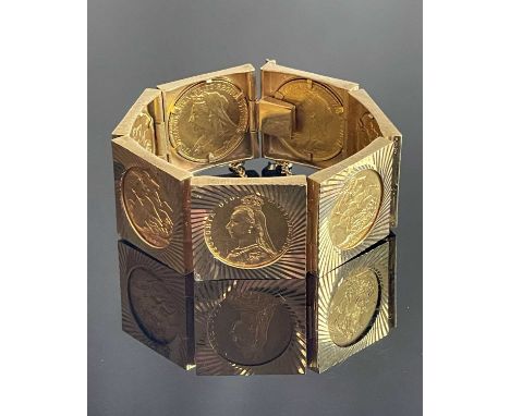 SEVEN-SOVEREIGN GOLD PANEL BRACELET, set with gold sovereigns with dates 1899, 1901, 1893, 1888, 1899, 1900 and 1900, in 9ct 
