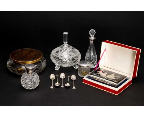 ASSORTED SILVER &amp; CUT GLASS, comprising set five coffee spoons, three silver lidded glass bottles, cut glass powder bowl 