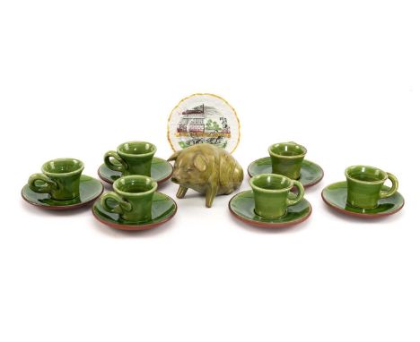 EWENNY POTTERY PIG, green glazed, loin inscribed 'Y Mochyn Bach', signed base, 17cms long together with a Ewenny Pottery set 