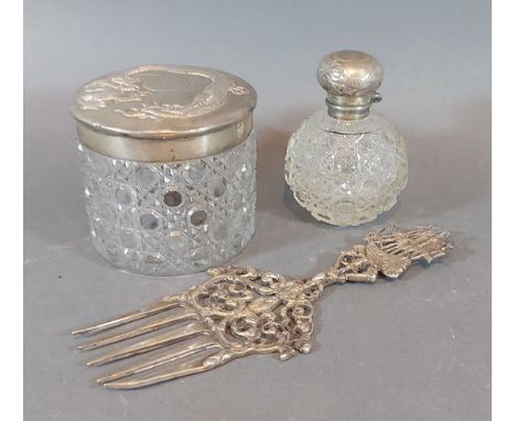 A Chinese white metal mounted dressing table bottle together with a matching scent bottle and a Continental fork 