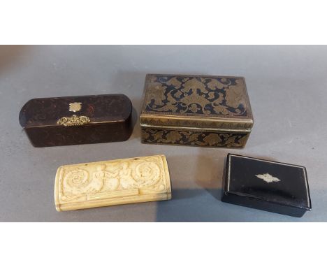 A 19th Century lacquered snuff box together with a similar bone snuff box and two other boxes