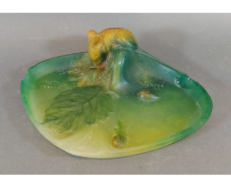 Henri Berge, Almaric Walter Pate De Verre Nancy, an oval glass tray mounted with a model of a mouse, signed, 16cms x 21cms 