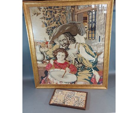A Chinese embroidered silk panel depicting butterflies, 18cms by 30cms, together with a framed tapestry 