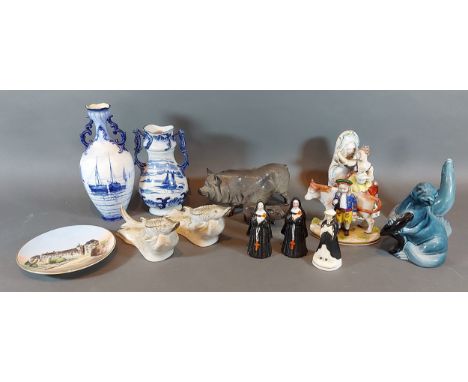 A Royal Doulton model in the form of a pig, together with another of a piglet and other items to include a pair of USSR model