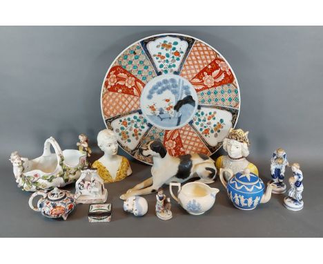 A Japanese Imari charger together with a USSR porcelain model of a dog and other ceramics 