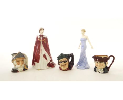Royal Doulton 'Diana Princess of Wales', HN 5061, 9" high; Royal Worcester 'Celebration of Queens 80th Birthday' figure; thre