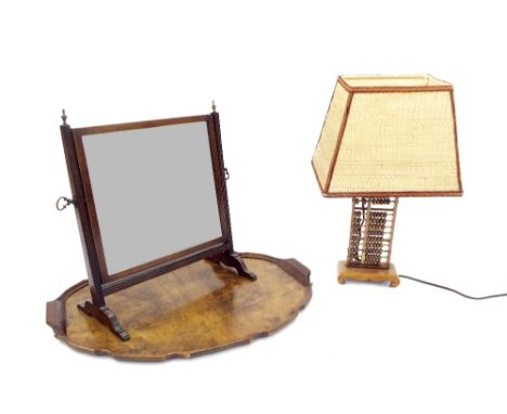 19th century mahogany dressing mirror, 15" wide; together with a figured walnut twin handled tray and a Chinese abacus table 