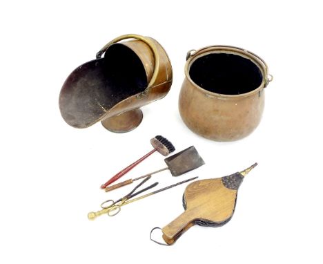 Copper cauldron and coal scuttle, together with fire tools including bellows
