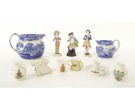 Pair of graduated Spode's 'Italian' pattern blue and white jugs (the tallest 5" high), crested china, pair of Samson porcelai