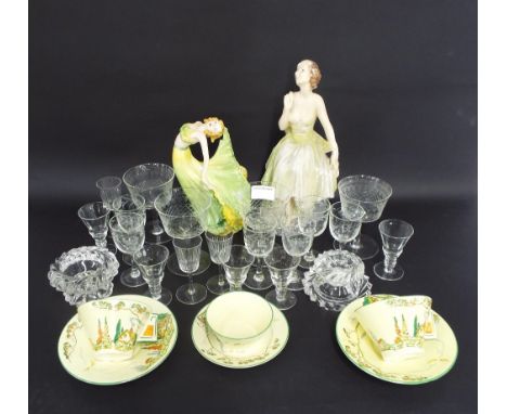 Fieldings Crown Devon 1930s figure of a female dancer, 8" high (at fault); Grimwades part tea for two service, Art Deco figur