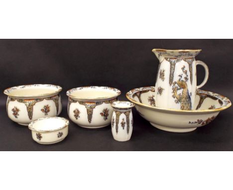 Royal Doulton 'Pomona' jug and basin set, to include jug, basin, two chamber pots, soap dish and a spill vase, pattern D3026 