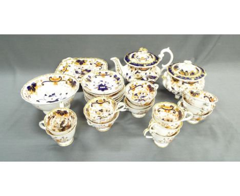 English 19th century Imari pattern tea service comprising teapot, large lidded sucrier, pedestal bowl, sandwich plate, variou