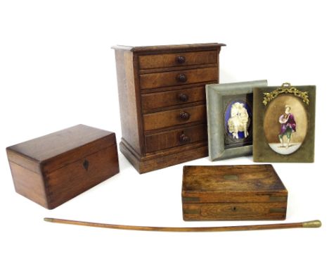 Miniature oak table top chest, 15.5" high x 13" wide x 9" deep; rosewood and brass box, another work box, 'The Devonshire Reg