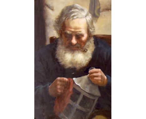 David W* Haddon (fl. 1884-1914) - portrait of a Cornish fisherman polishing a lamp, signed, oil on board, oval mount, 29" x 2
