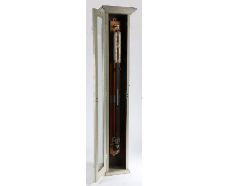 Mid 20th century ship's stick barometer, black lacquered metal with silvered dial, housed in a grey painted glazed cabinet, b