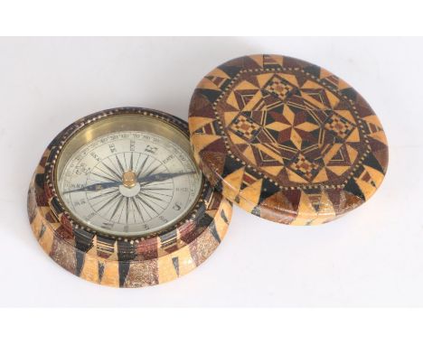 19th century Tunbridge ware compass, circa 1860, the underside lid bearing label 'T. Barton, late Nye, Manufacturer Mount Eph