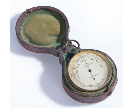 A pocket barometer by Dent, 33 Cockspur St, London, with silvered dial, 4.5cm diameter, housed in the original green silk lin