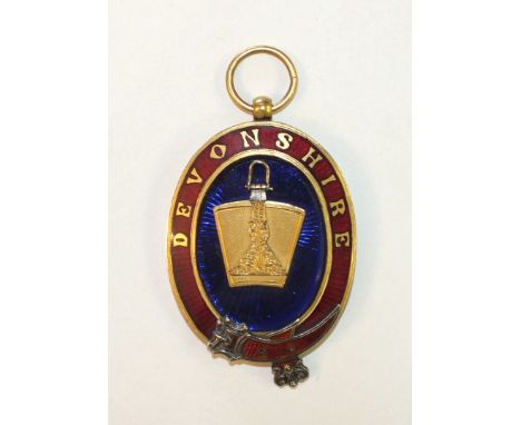 A gilt metal and enamel Devonshire Mark Masons Grand Senior Wardens jewel, the jewel and stone suspended by an articulated sh