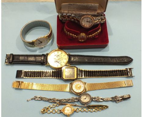 A ladies 9ct-gold-cased Rotary wrist watch on plated expanding bracelet, boxed, a ladies Rotary steel-cased wrist watch and s