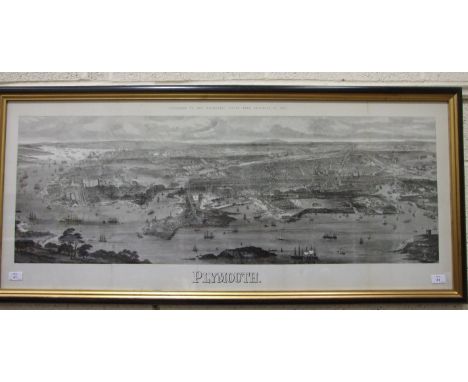 A framed print, 'Panoramic View of Plymouth', a supplement to The Illustrated London News, September 14, 1872, 124 x 51.5cm.