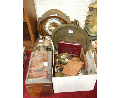 A four-piece EPBM tea service, an Enfield chiming mantel clock, a marquetry two-division tea caddy, 22.5cm wide, 15,5cm high 