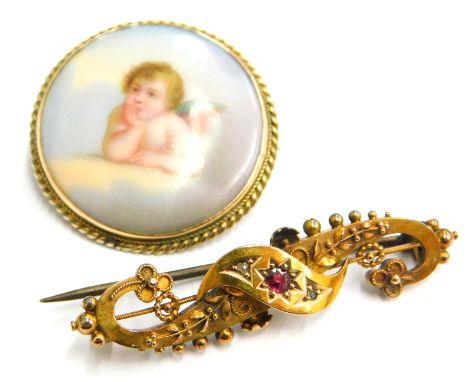 Two brooches, comprising a 15ct gold Victorian brooch, of scroll design set with garnet and white stone, 4cm wide, 2.7g all i