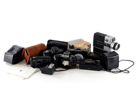 A collection of cameras, to include a Minolta Dynex 300SI back, a smilar 500 AF back, Canon and Panasonic Instamatic cameras,