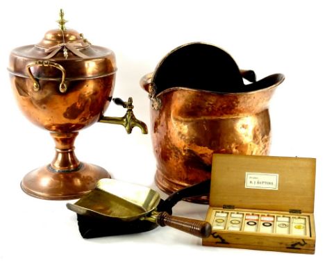 Various copper, an early 20thC coal bucket with swing handle, a copper and brass samovar with circular finial, fixed handles 