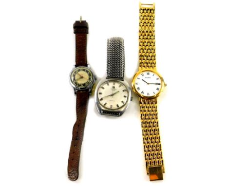 Three gents wristwatches, comprising a Ingersoll gents wristwatch on brown leather strap, a Tissot stainless steel Seastar ge