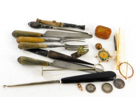 Various bygones collectables and effects, glove stretchers, forks, Palm Tree brand record needle box, Victorian white metal m