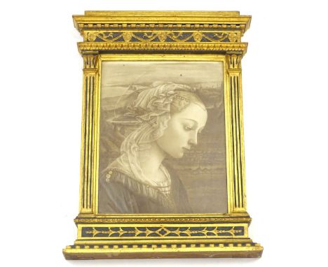 Italian School. Portrait of a lady, monochrome print, in elaborate gilt and ebonised frame, 41cm x 29cm.