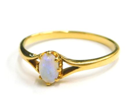An opal dress ring, set with single small opal, with V splayed shoulders, yellow metal, marked 18ct, ring size S, 2.3g all in