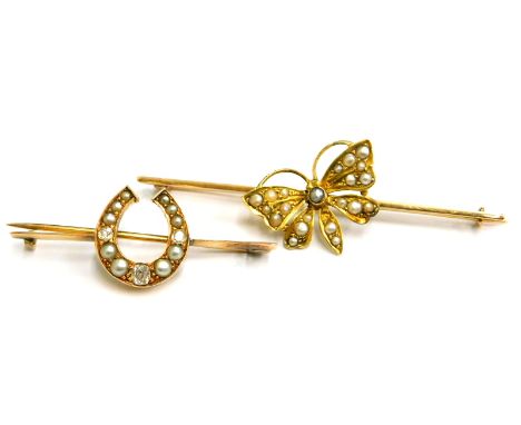 Two seed pearl set bar brooches, comprising a butterfly set bar brooch with white and grey coloured pearls, yellow metal bar,