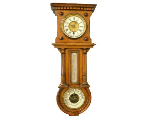 An Edwardian mahogany clock thermometer and barometer, in a fitted case with a dentil top, the 9.5cm diameter Roman numeric d
