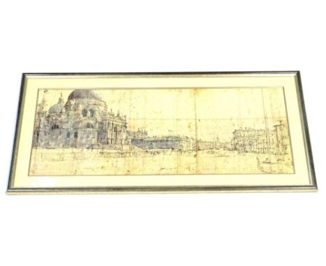 After Gaspare Vanvitelli. Chiesa Della Salute Venezia, coloured print, 38cm x 95cm.