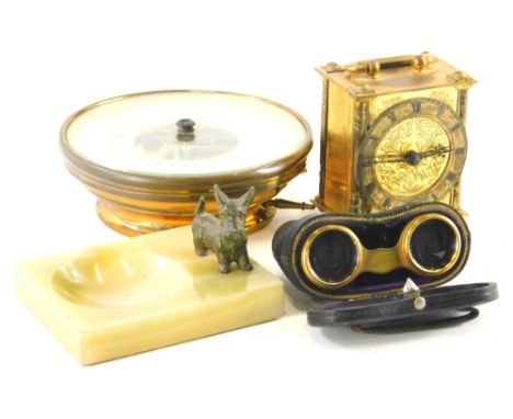 Various bygones, collectables, circular barometer, onyx dog ashtray, 14cm wide, a pair of elaborate mother of pearl finish op