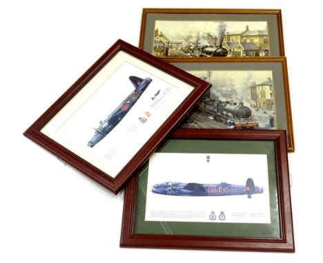 Mid 20thC School. LNER locomotive number 2918, coloured print and another depicting number 1636 and two aviation coloured pri